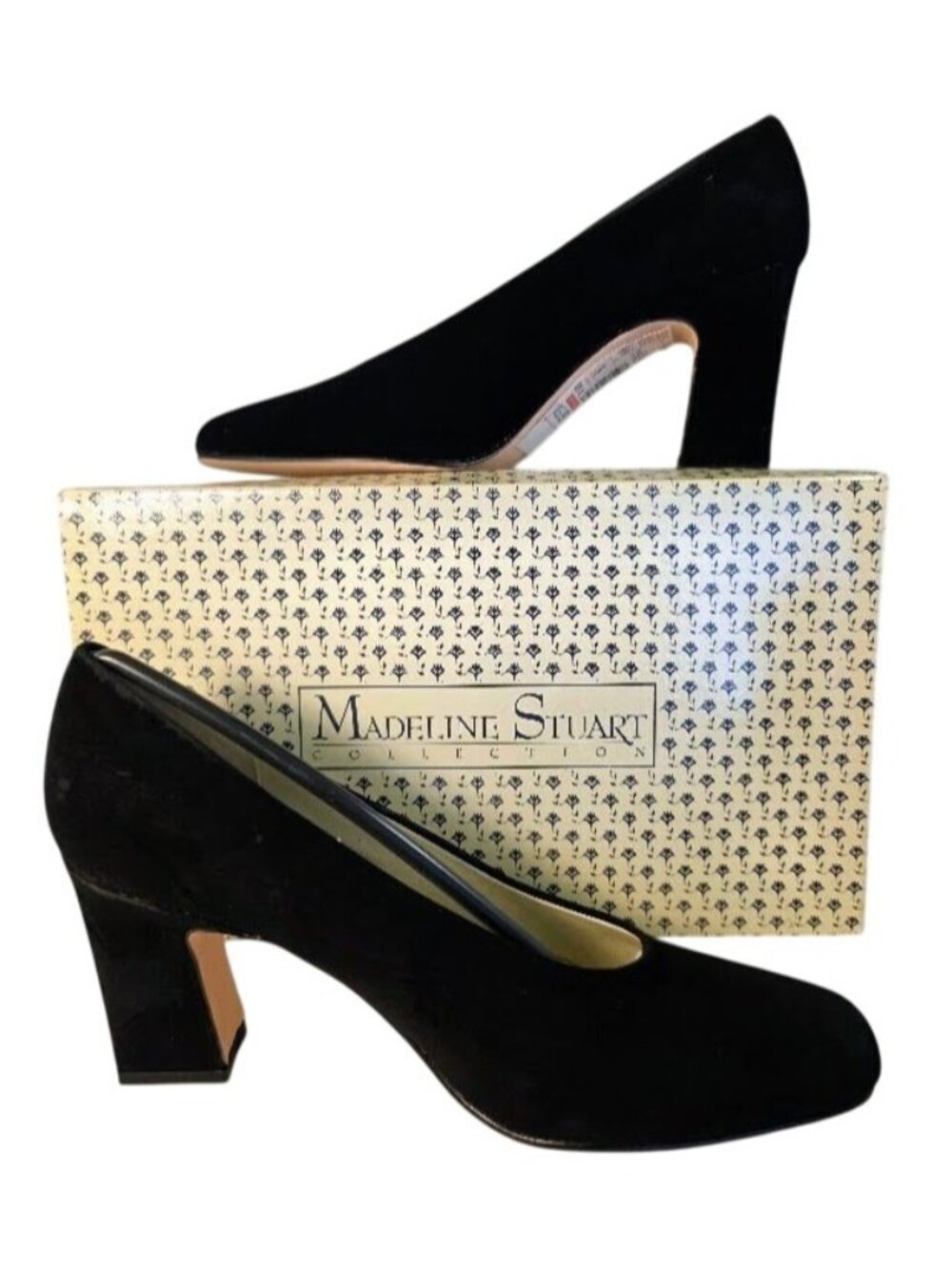 Vintage Madeline Stuart Black Suede Pumps 9 M Block Heel Square Toe Shoes